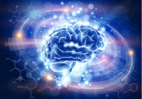 illuminated brain with dots